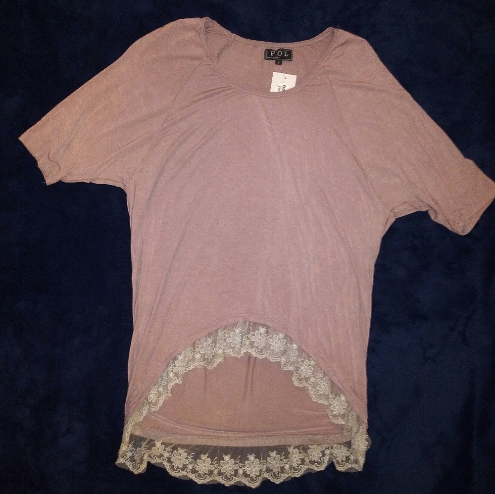 POL Distressed Pinkish Tan Tunic with Lace